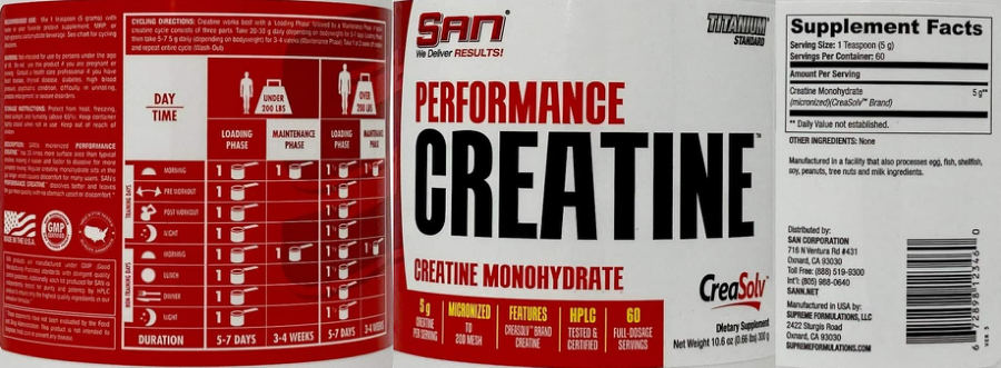 Official label of SAN Performance Creatine (NIH DSLD #305148)
