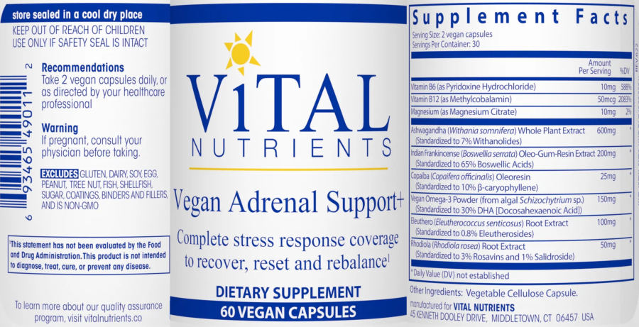 Official label of Vital Nutrients Vegan Adrenal Support+ (NIH DSLD #305181)