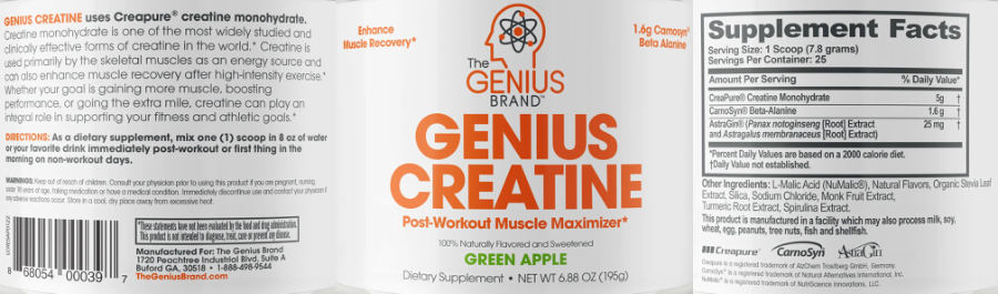 Official label of The Genius Brand Genius Creatine Green Apple (NIH DSLD #305640)