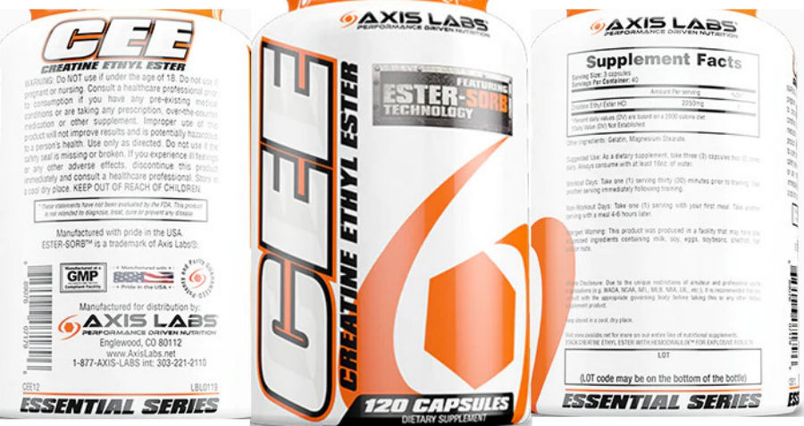 Official label of Axis Labs CEE Creatine Ethyl Ester (NIH DSLD #306541)