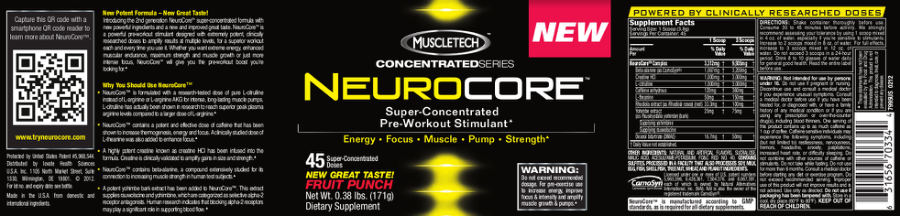 Official label of MuscleTech Concentrated Series Neurocore Fruit Punch (NIH DSLD #30690)