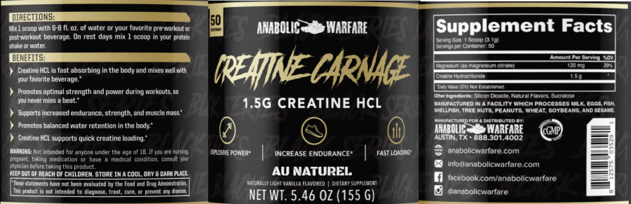 Official label of Anabolic Warfare Creatine Carnage Au Naturel Naturally Light Vanilla Flavored (NIH DSLD #307022)