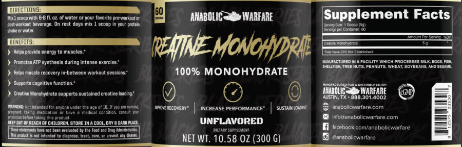 Official label of Anabolic Warfare Creatine Monohydrate Unflavored (NIH DSLD #307023)