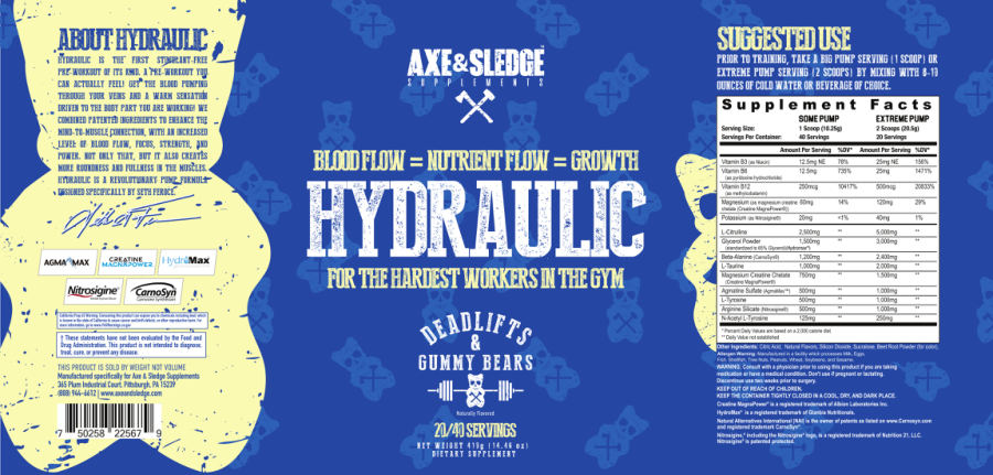 Official label of Axe & Sledge Supplements Hydraulic Deadlifts & Gummy Bears (NIH DSLD #307200)