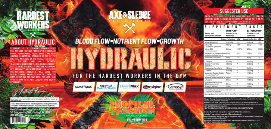 Official label of Axe & Sledge Supplements Hydraulic Tropic Thunder (NIH DSLD #307202)