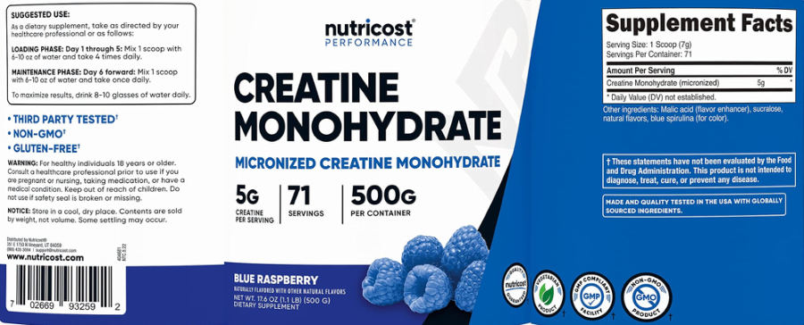Official label of Nutricost Performance Creatine Monohydrate 5 g Blue Raspberry (NIH DSLD #307782)