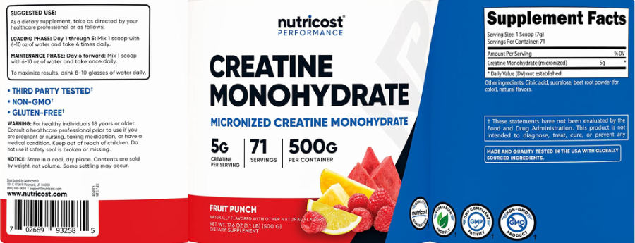 Official label of Nutricost Performance Creatine Monohydrate 5 g Fruit Punch (NIH DSLD #307783)
