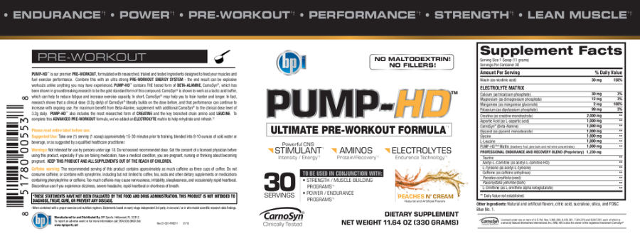 Official label of BPI PUMP-HD Peaches N' Cream (NIH DSLD #30806)
