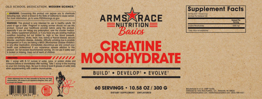 Official label of Arms Race Nutrition Basics Creatine Monohydrate Unflavored (NIH DSLD #308100)