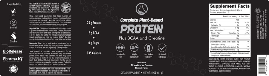 Official label of Nugevity Complete Plant-Based Protein Cookies 'n Cream (NIH DSLD #308117)