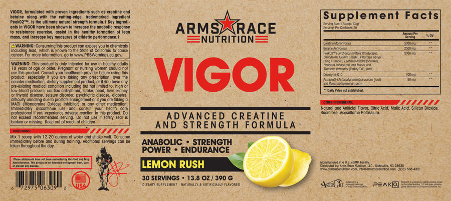 Official label of Arms Race Nutrition Vigor Lemon Rush (NIH DSLD #308176)