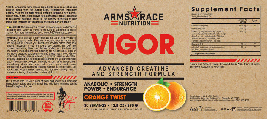 Official label of Arms Race Nutrition Vigor Orange Twist (NIH DSLD #308177)