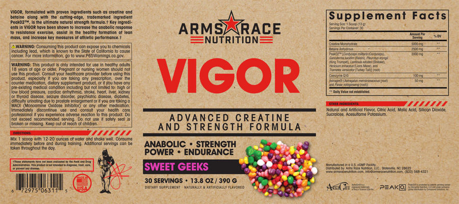 Official label of Arms Race Nutrition Vigor Sweet Geeks (NIH DSLD #308178)
