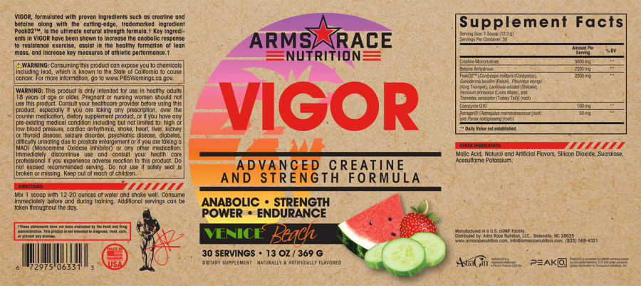 Official label of Arms Race Nutrition Vigor Venice Beach (NIH DSLD #308179)