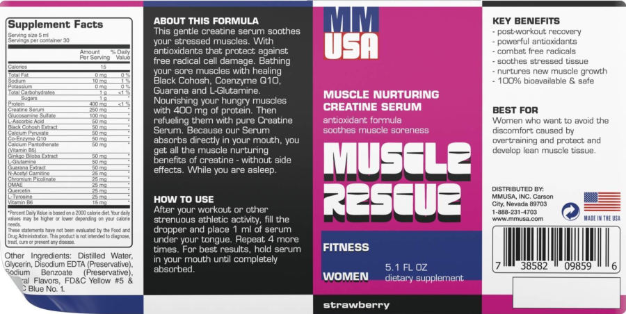 Official label of MMUSA Muscle Rescue Strawberry (NIH DSLD #308331)