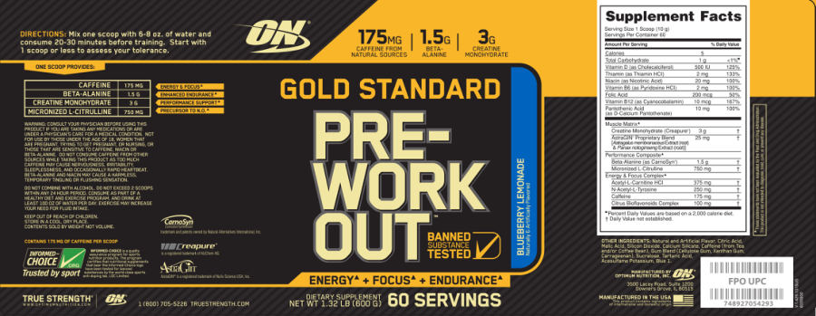 Official label of Optimum Nutrition Gold Standard Pre-Workout Blueberry Lemonade (NIH DSLD #308428)
