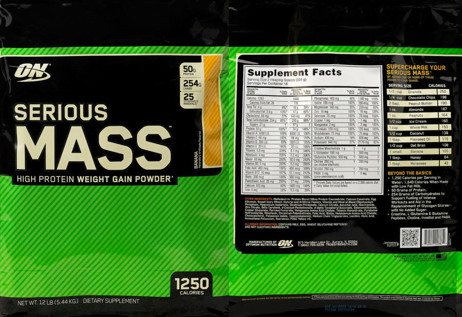 Official label of Optimum Nutrition Serious Mass Banana (NIH DSLD #308432)