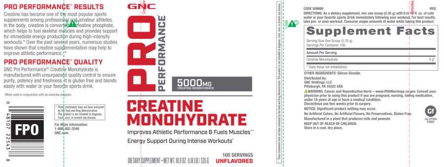 Official label of GNC Pro Performance Creatine Monohydrate 5000 mg Unflavored (NIH DSLD #308694)