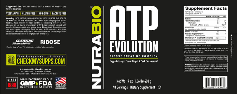 Official label of NutraBio ATP Evolution (NIH DSLD #309326)