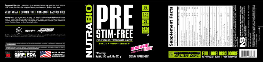 Official label of NutraBio PRE Stim-Free Dragonfruit Candy (NIH DSLD #309361)
