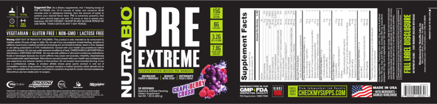 Official label of NutraBio PRE Extreme Grape Berry Crush (NIH DSLD #309365)