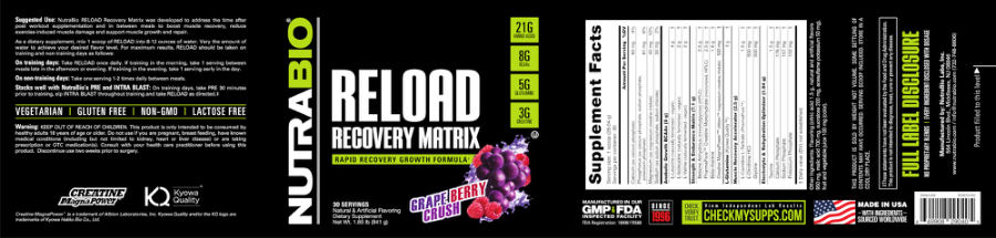 Official label of NutraBio Reload Recovery Matrix Grape Berry Crush (NIH DSLD #309366)