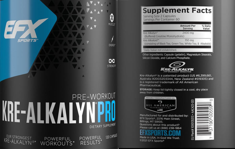 Official label of EFX Sports Kre-Alkalyn Pro (NIH DSLD #309958)