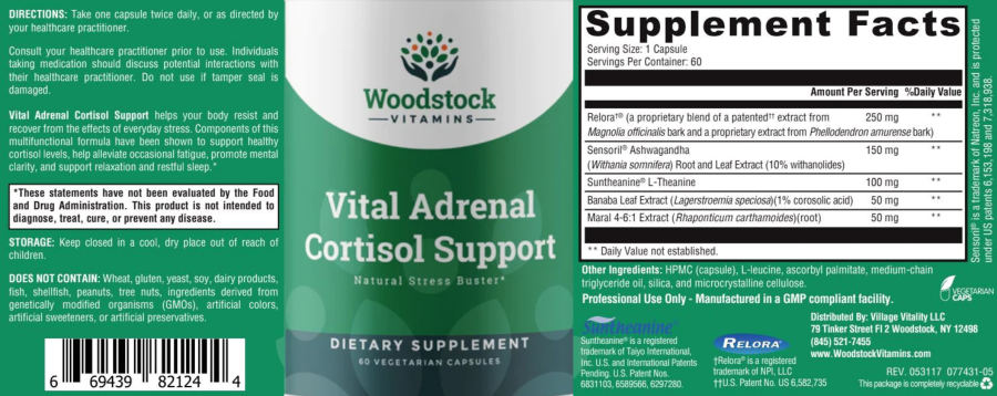 Official label of Woodstock Vitamins Vital Adrenal Cortisol Support (NIH DSLD #310332)