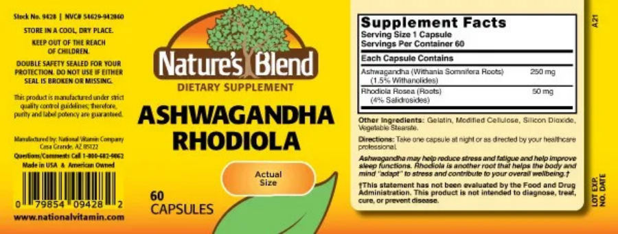 Official label of Nature's Blend Ashwagandha Rhodiola (NIH DSLD #310355)