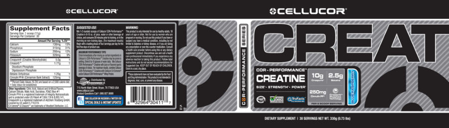 Official label of Cellucor COR-Performance Creatine Blue Raspberry (NIH DSLD #31094)
