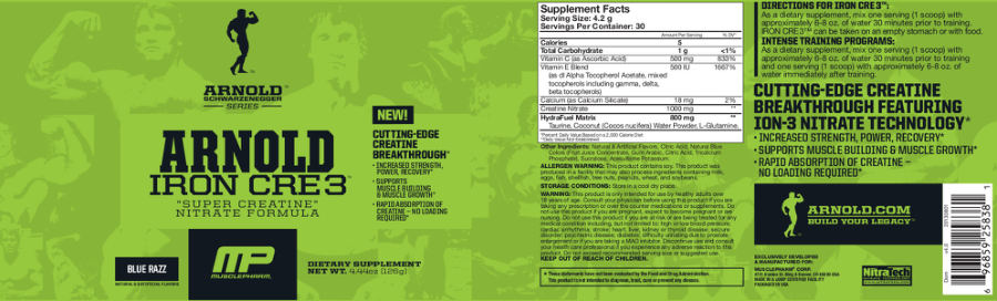 Official label of MusclePharm Arnold Iron Cre3 Blue Razz (NIH DSLD #31199)