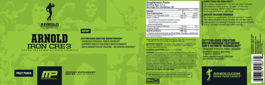 Official label of MusclePharm Arnold Iron Cre3 Fruit Punch (NIH DSLD #31202)