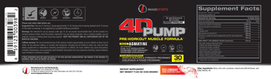Official label of Image Sports 4D Pump Red Lemonade (NIH DSLD #31270)