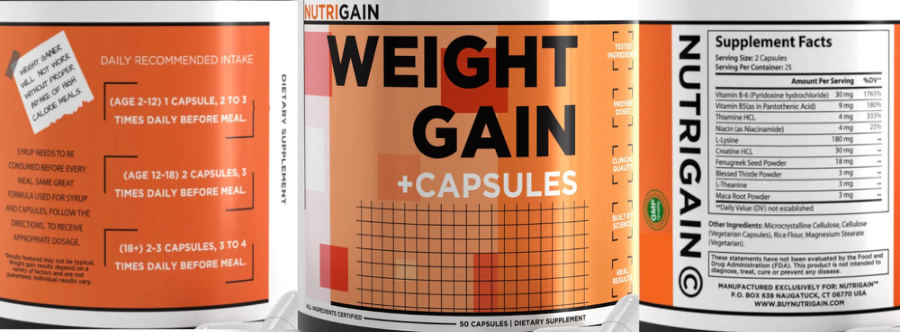 Official label of Nutrigain Weight Gain +Capsules (NIH DSLD #313013)