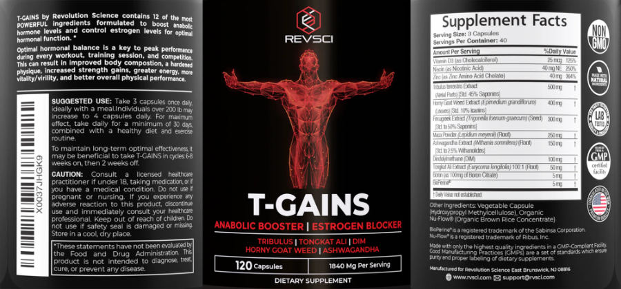 Official label of REVSCI T-Gains (NIH DSLD #313040)