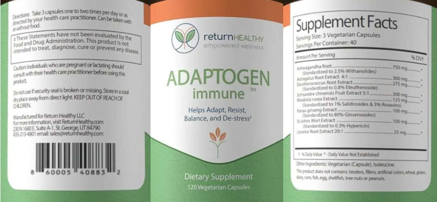 Official label of Return Healthy Adaptogen Immune (NIH DSLD #313305)