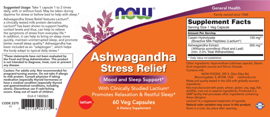 Official label of NOW Ashwagandha Stress Relief (NIH DSLD #313565)