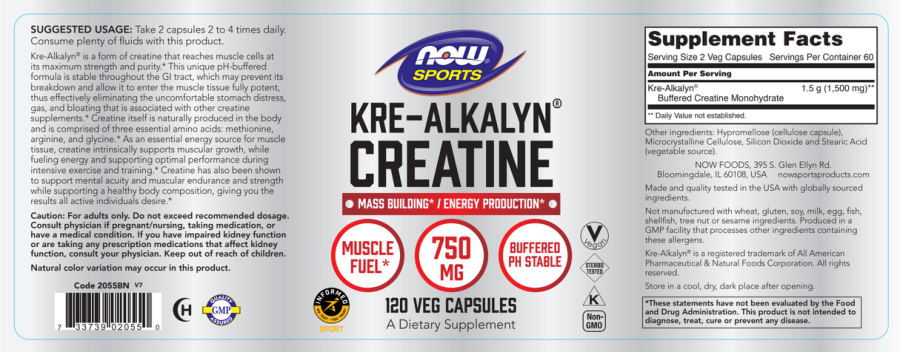 Official label of NOW Sports Kre-Alkalyn Creatine 750 mg (NIH DSLD #314372)