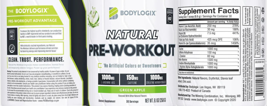 Official label of BodyLogix Natural Pre-Workout Green Apple (NIH DSLD #314860)
