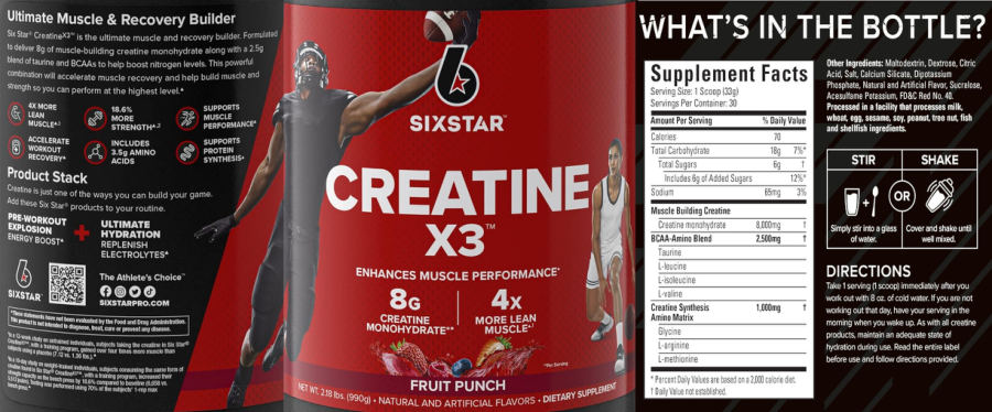 Official label of Six Star Creatine X3 Fruit Punch (NIH DSLD #314952)