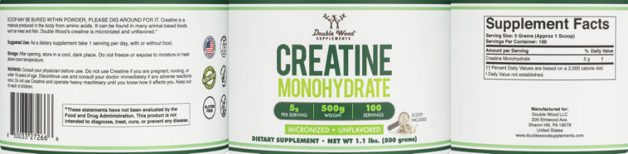 Official label of Double Wood Supplements Creatine Monohydrate 5g Unflavored (NIH DSLD #315598)