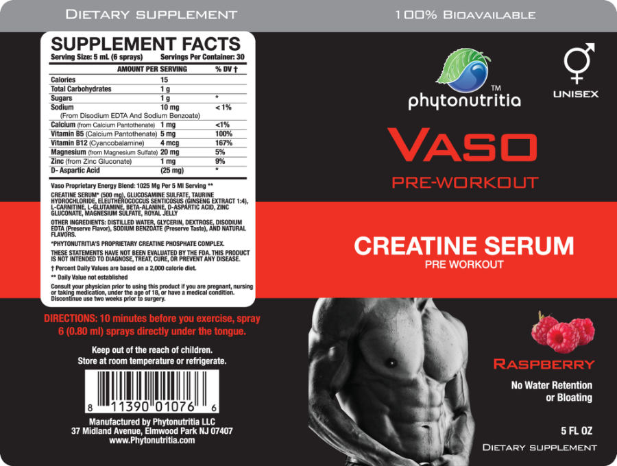 Official label of Phytonutritia Vaso Pre-Workout Creatine Serum Raspberry (NIH DSLD #31605)