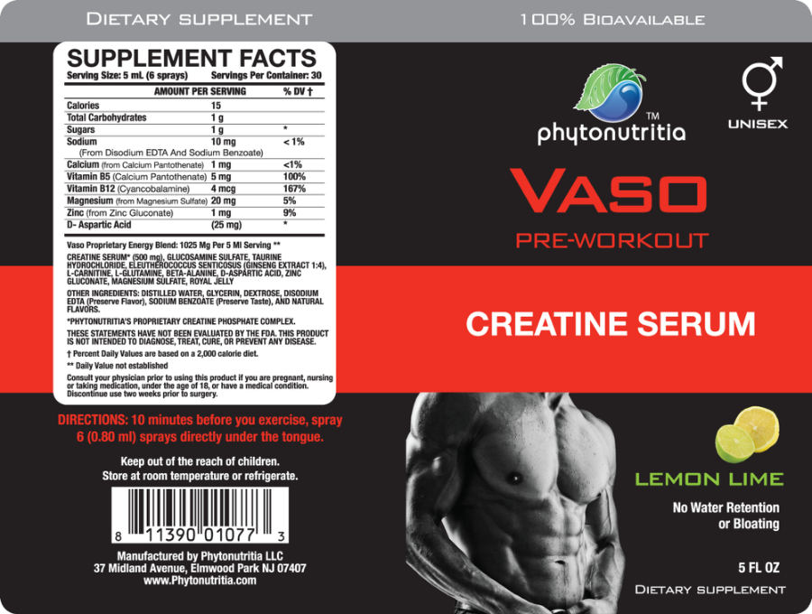 Official label of Phytonutritia Vaso Pre-Workout Creatine Serum Lemon Lime (NIH DSLD #31615)