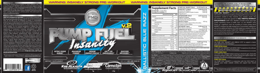 Official label of NDS Nutrition Products Pump Fuel Insanity Ballistic Blue Razz (NIH DSLD #31624)