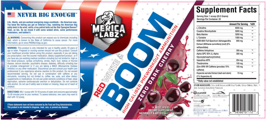 Official label of 'Merica Labz Red White & Boom Zero Dark Cherry (NIH DSLD #316274)