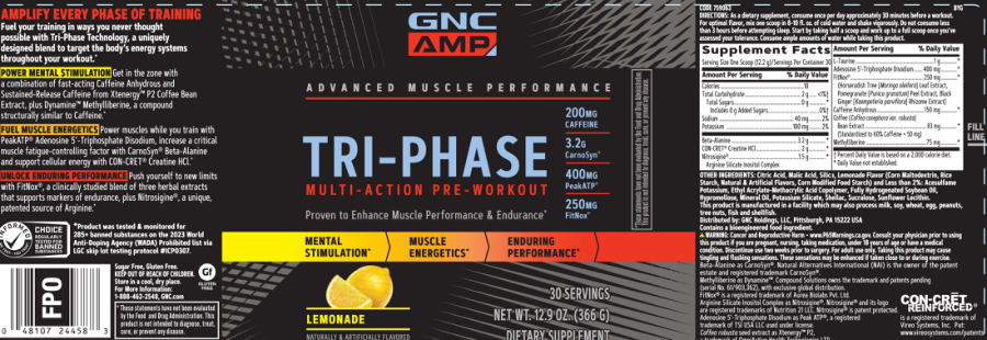 Official label of GNC AMP Advanced Muscle Performance Tri-Phase Lemonade (NIH DSLD #316791)