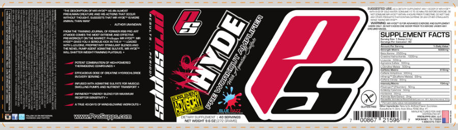 Official label of PS ProSupps Mr Hyde Pre Workout Amplifier Blue Razz (NIH DSLD #31689)