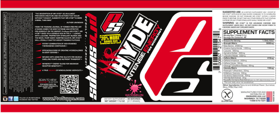 Official label of PS ProSupps Mr Hyde Intense Energy Pre Workout Watermelon (NIH DSLD #31738)