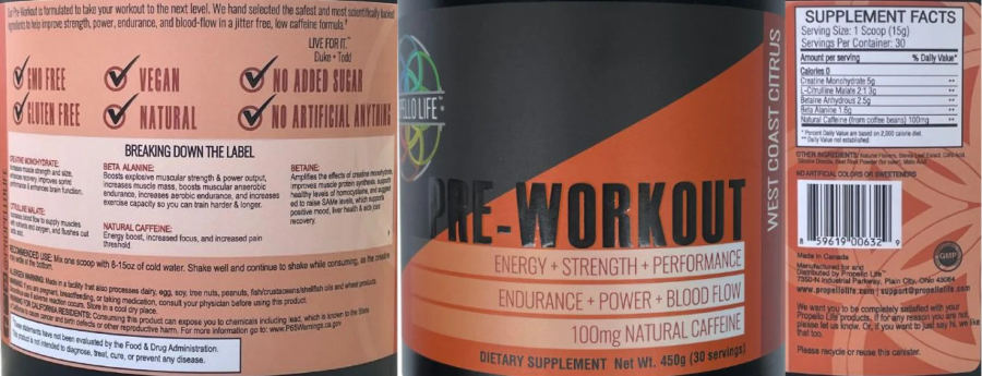 Official label of Propello Life Pre-Workout West Coast Citrus (NIH DSLD #317414)