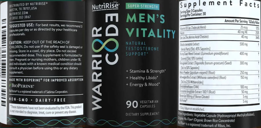 Official label of NutriRise Warrior Code Men's Vitality (NIH DSLD #317988)